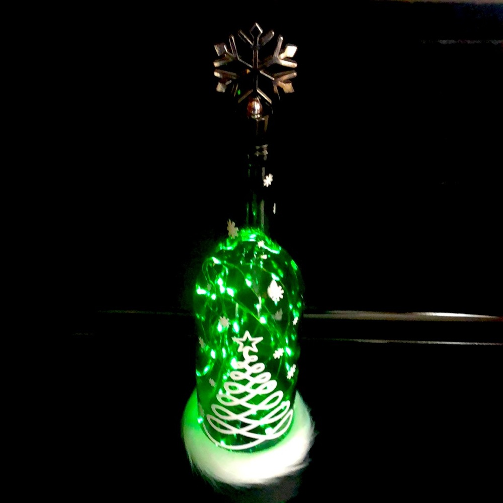 Handcrafted Custom Lite-up Green Wine Bottle Lamp; White Snow, Tree & Snowflakes